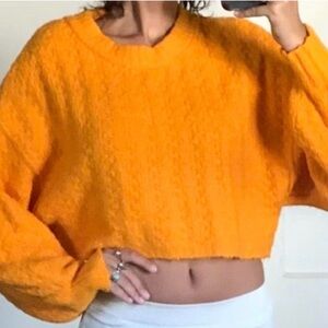 Urban Outfitters Bright Orange Cropped Cable-Knit Crew Sweater